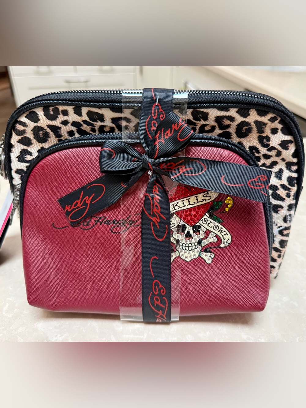 Ed Hardy Two Piece Cosmetic Bag Set -bold red & leopard design, skull, heart NWT